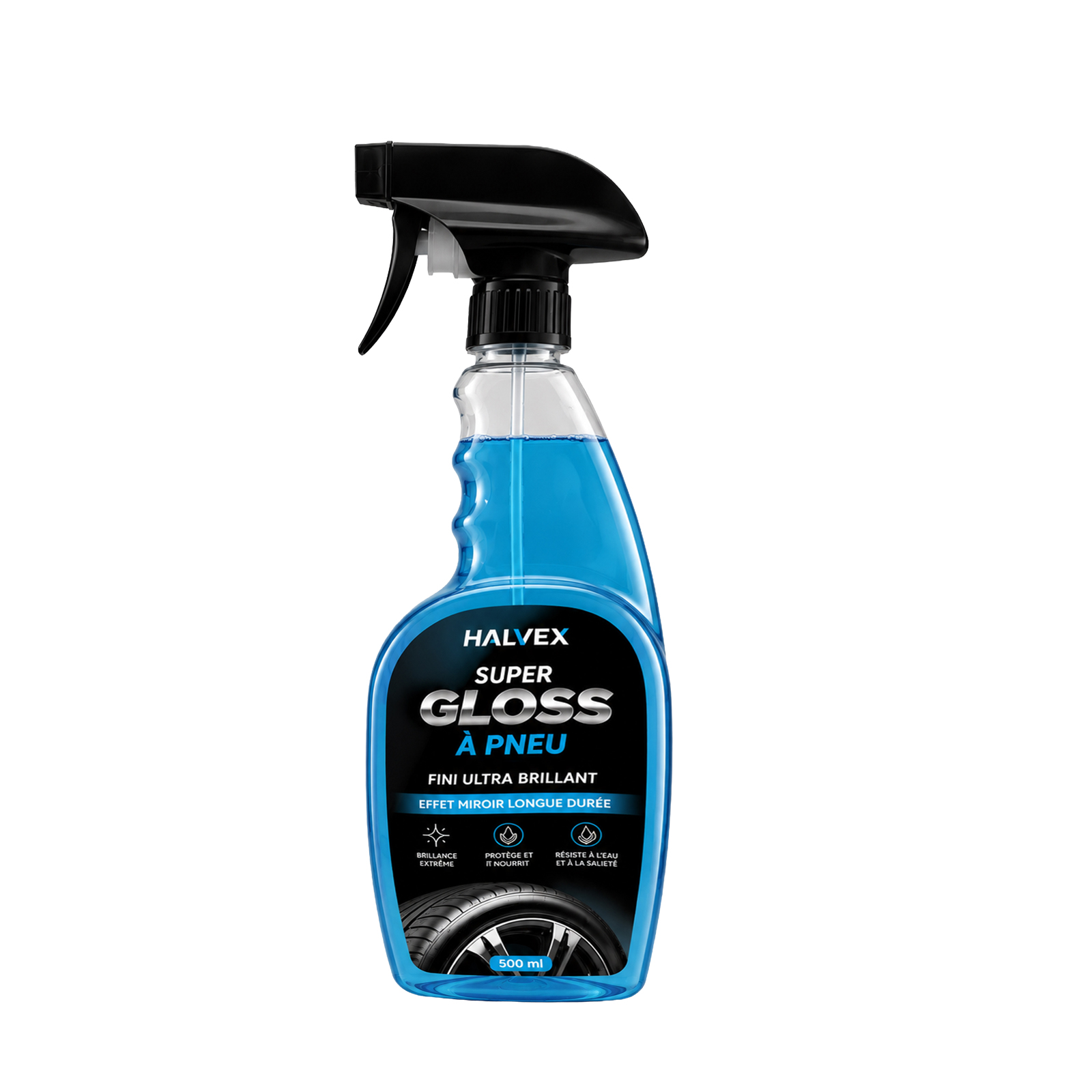 Bouteille HALVEX Super Gloss à Pneu de 500 ml, avec pulvérisateur noir.